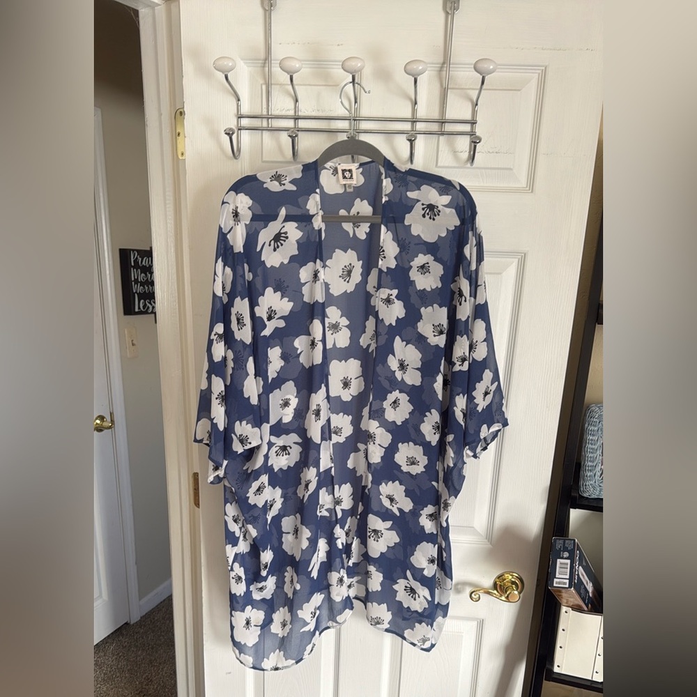 Floral Kimono Cardigan - Blue and White